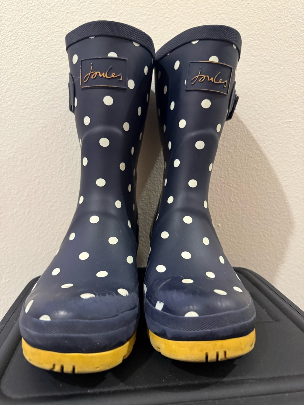 Joules Navy Blue Polka Dot Rain Boots with Yellow Soles